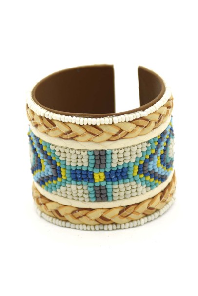 Multi White Base Seed Bead Chatai Bunai Leather Cuff Multi White Base Seed Bead Chatai Bunai Leather Cuff